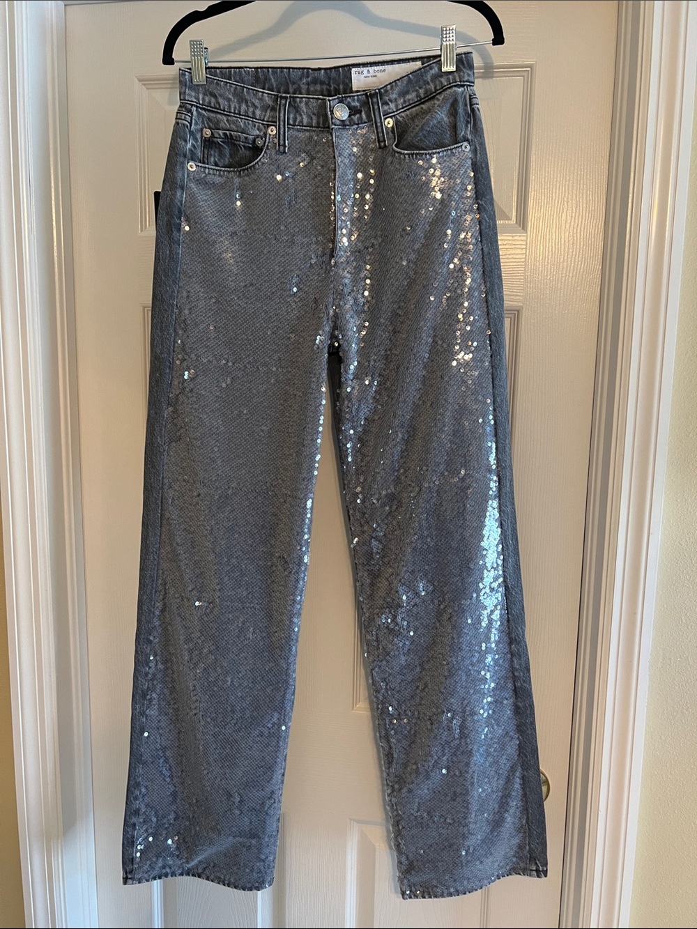 rag & bone Shea High Rise Full Length Silver Sequin Relaxed Straight-Leg Jeans